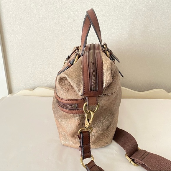 Fossil Explorer Leather Metallic Gold Brown Crossbody Large Satchel Tote Bag - Picture 4 of 8